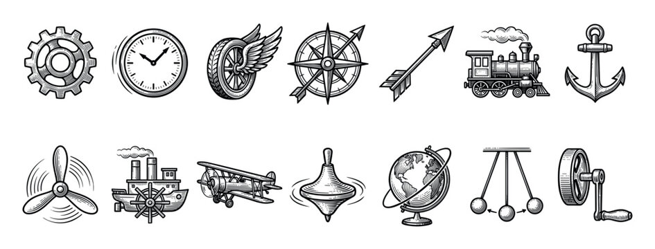 Collection of vintage engraved style icons featuring a train, airplane, clock, compass, and anchor, representing concepts of travel, time, and mechanics in a retro woodcut illustration set