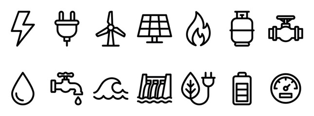 Fototapeta premium Set of black line art icons representing energy and natural resources like electricity, gas, water, solar, and wind power for utility and sustainability concepts in a clean, minimalist style