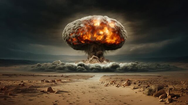 Nuclear mushroom cloud explosion over desert landscape, global crisis warning, nuclear risk, disaster preparedness, geopolitical tension, security threat, environmental danger AI