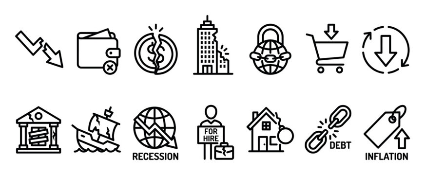 Collection of minimalist line art icons illustrating concepts of financial crisis, including recession, inflation, debt, unemployment, market decline, and global economic problems