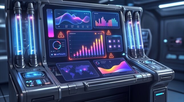 Futuristic control panel displaying digital data and analytics on glowing screens. Advanced technology interface in sci-fi laboratory setting.