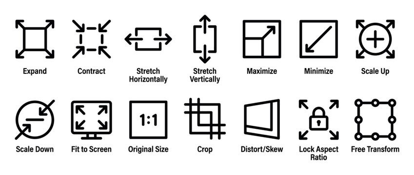 Fourteen black line icons showing transformation tools for graphic design software, including expand, contract, crop, scale, and distort functions for a clean user interface