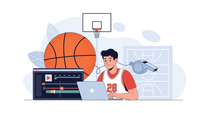 Basketball Coach Analyzing Video Strategy on Laptop with Whistle and Court Plan