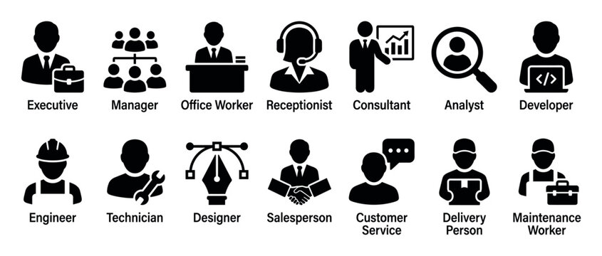 Collection of black glyph icons representing various job roles and professions for business and industry, including executive, manager, engineer, and developer