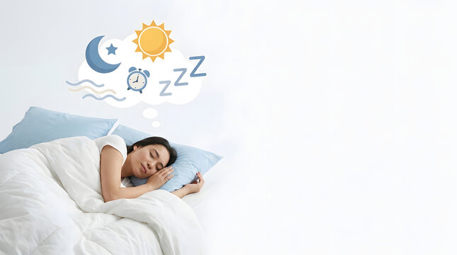 Child sleeping in a bright bed with moon, sun, clouds, and sleep symbols above, showing healthy sleep wake cycle and circadian rhythm concept
