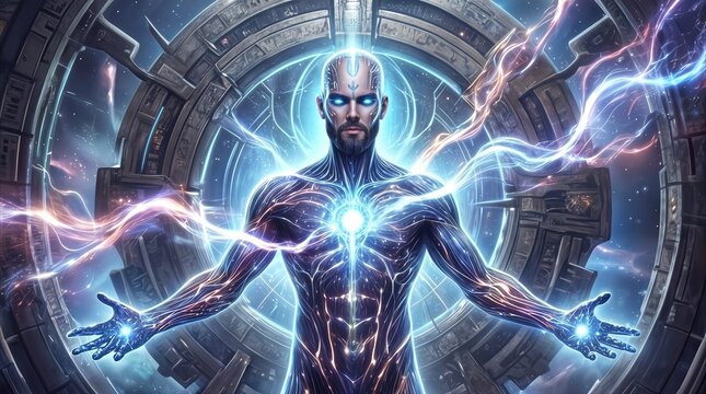 Powerful entity with glowing energy veins standing in front of a circular space portal. Ascended being radiating light from chest and palms in a futuristic cosmic setting.