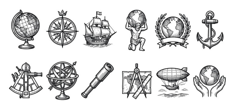 Set of vintage navigation and exploration icons in a black and white engraving style, including a globe, compass rose, sailing ship, anchor, sextant, and telescope