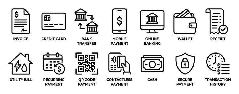 Comprehensive set of black line icons representing payment methods and financial concepts like invoice, credit card, online banking, contactless pay, and secure transactions in a minimal style