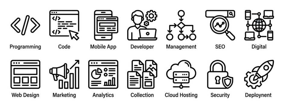 Set of black line icons for web development, programming, and digital marketing, illustrating concepts like SEO, security, cloud hosting, analytics, and mobile app creation