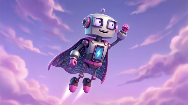 Superhero robot flying through purple sunset clouds. Caped character with battery charging icon on chest screen.