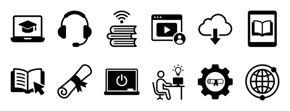 Set of black solid e-learning icons representing online education, distance learning, webinars, digital courses, and graduation, including symbols for laptop, headset, and diploma