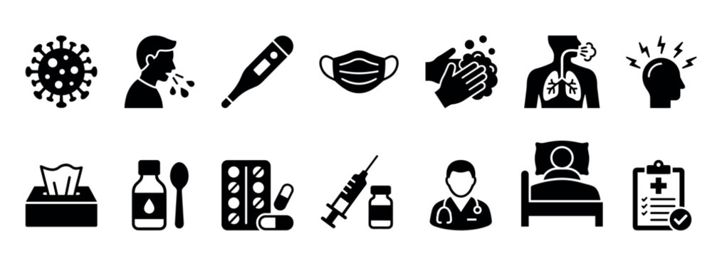 Black silhouette icon set for disease symptoms and medical treatment, illustrating a virus, cough, fever, face mask, hand washing, headache, medicine, vaccine, and a doctor