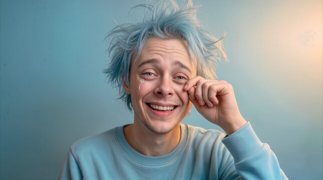 Laughter and tears on face of young man with messy blue hair. Emotional individual wiping eyes while smiling against plain background.