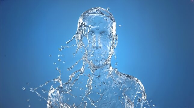 Water sculpture forming a humanoid head and shoulders against a blue background. Conceptual liquid figure representing hydration or purity.