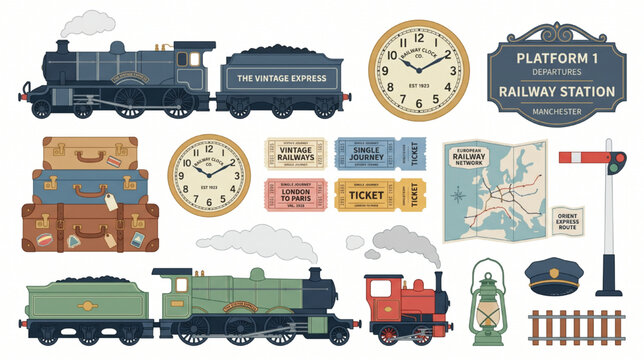Vintage Train Vector Set with Locomotives Tickets Suitcases and Retro Railway Travel Clipart
