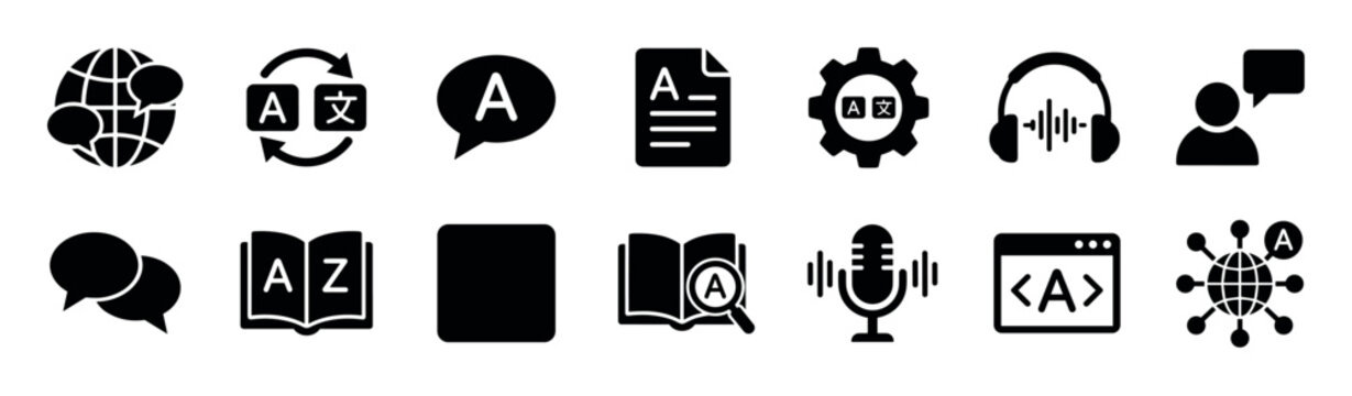 Set of black solid icons for language translation, featuring symbols for global communication, dictionary, audio interpretation, and website localization services