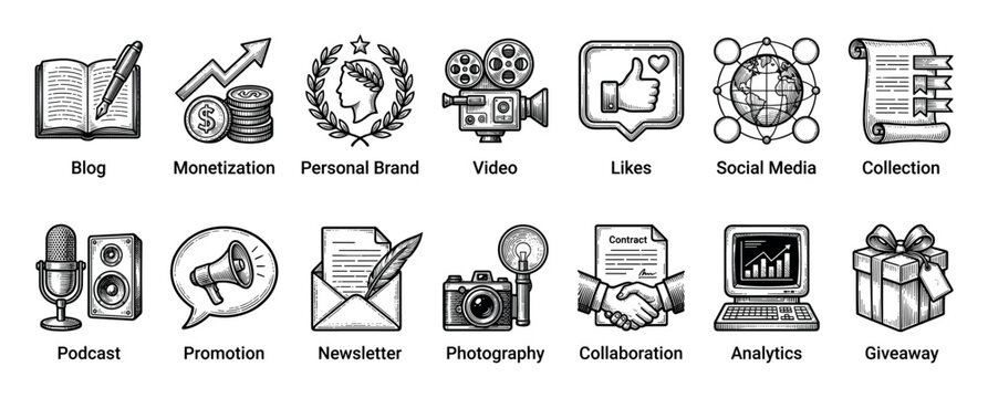 Fourteen hand-drawn black and white icons for content creators and influencer marketing, depicted in a retro engraving style and showing concepts like blog, video, and podcast