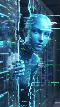 Android emerging from server racks in high-tech data center. Artificial intelligence entity with glowing blue skin and digital glitch effects representing advanced computing and network security.