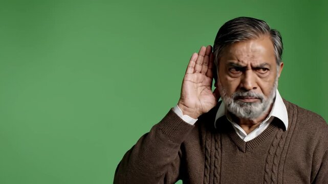 senior indian man holding hand near ear, trying to listen. elderly male having hearing problems or deafness. green screen background. healthcare, audiology clinic, care.