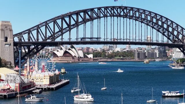 Sydney harbour bridge and The Rocks historic suburb of Sydney city harbour waterfront.
