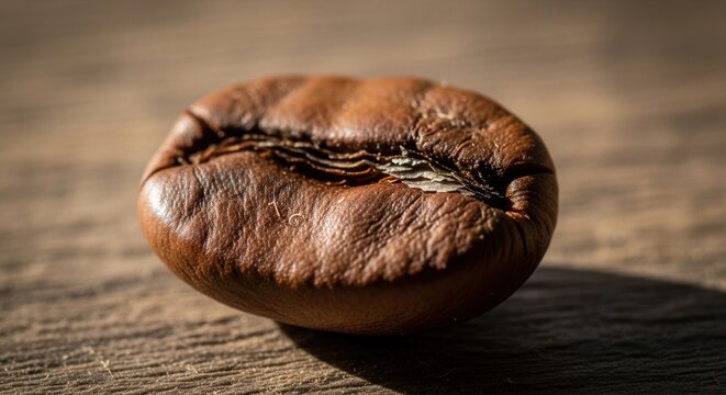 Close-up of a single roasted coffee bean on a wooden surface with natural light.