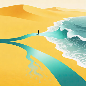A tiny figure at a river fork, one stream cyan gradient flowing to ocean, the other evaporating into desert sands, as a visual metaphor for flow vs stagnation in life paths.eps