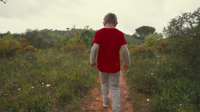 Little boy walking away on rural countryside dirt path