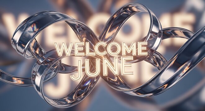 Welcome to June celebration with sparkling champagne glasses.