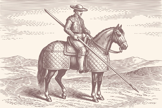 Spanish picador on an armored horse holding a lance. A traditional bullfighter character in a vintage engraved vector illustration of tauromachy.
