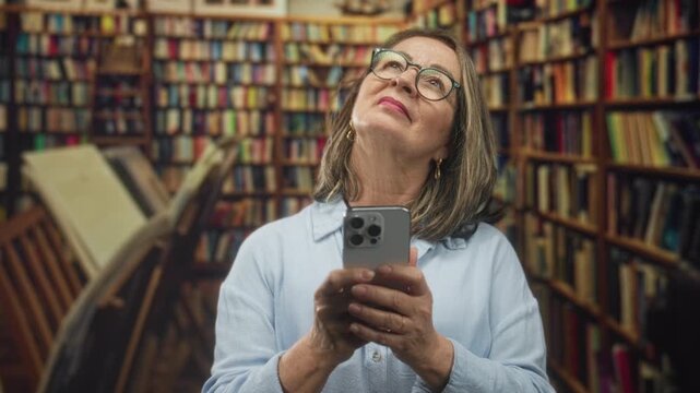 Hispanic senior woman holding smartphone with both hands, gazing upward amid crowded bookshelves in a library building wearing glasses; thoughtful curiosity.