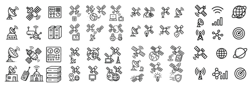 Communication icons with satellite and dish outline