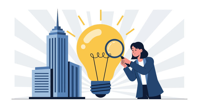 Businesswoman inspecting a glowing lightbulb with a magnifying glass near skyscraper.