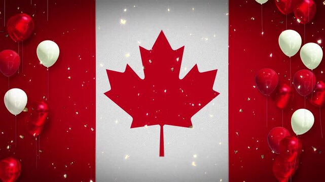 Loopable 4K video. Canadian flag. Celebration, event, sports, soccer, football, ice hockey, lacrosse. Background, player introductions. Confetti, red and white balloons. Video with copy space. Canada.