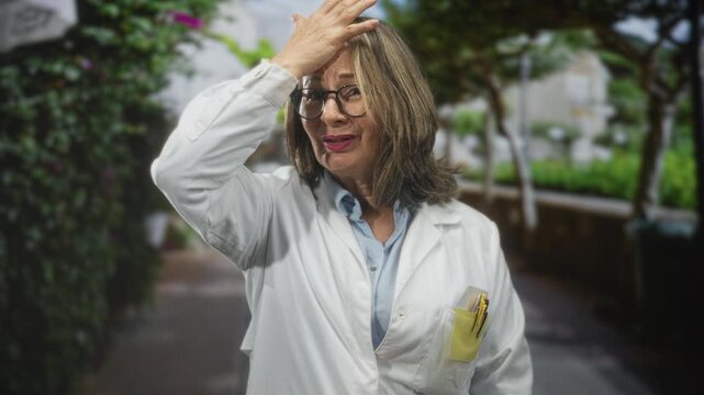 Hispanic woman in white coat touches forehead with hand, pens in pocket, building courtyard; forgetfulness frustration.