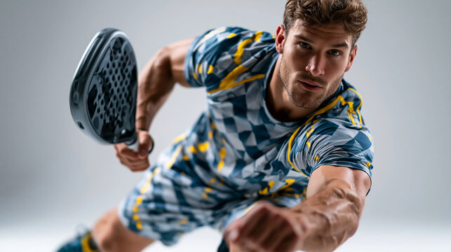 Professional photorealistic studio action shot of a male padel athlete twisting backward in a dramatic defensive pose, executing a slice lob shot from a low angle, realistic action