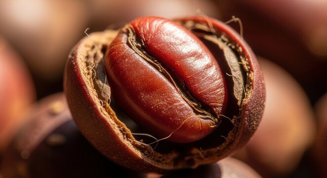 Close-up of a single shea nut with its shell cracked open, revealing the kernel inside.
