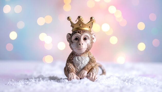 A regal monkey figurine wearing a crown sits on snow