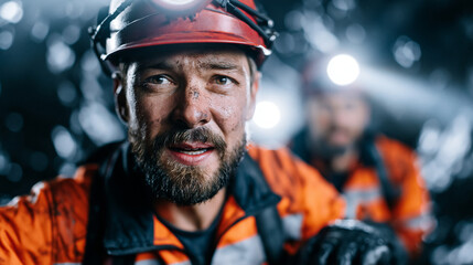 Fototapeta premium Male mining worker wearing full body industrial robotic exoskeleton suit carries heavy drilling equipment through narrow underground tunnel in active mine, powered full body suppor