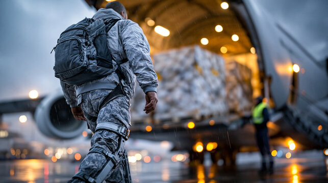 Male airport cargo handler wearing full lower body robotic exoskeleton suit loads heavy freight containers into wide-body aircraft belly hold on rain-soaked apron at night, powered