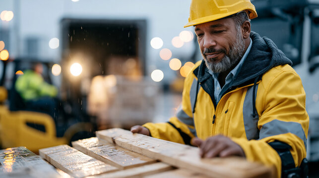 Male warehouse worker wearing lower body robotic exoskeleton skeleton suit unloads heavy freight pallets from delivery truck in rain soaked distribution center at dusk, powered leg