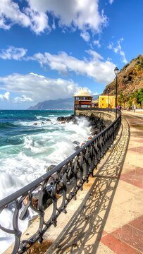 Scenic oceanfront walkway with railing waves.