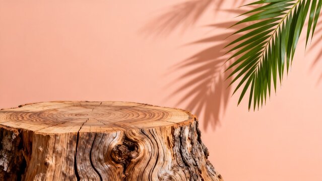 Wooden stump with palm leaf shadow