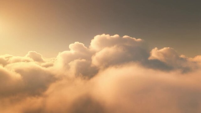 Dreamy cinematic cloudscape with soft volumetric clouds, golden sunrise glow, peaceful sky background, atmospheric mist, calming wellness aesthetic, meditation inspiration, tranquil nature, cinematic 