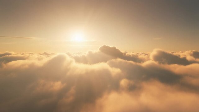 Dreamy cinematic cloudscape with soft volumetric clouds, golden sunrise glow, peaceful sky background, atmospheric mist, calming wellness aesthetic, meditation inspiration, tranquil nature, cinematic 