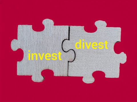 Invest and Divest Financial Decisions Concept Represented by Two Connected Puzzle Pieces on Red Background
