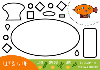Educational paper game for children, Airship. Black and white coloring page for color, cut and glue elements to create picture. Сraft activity for preschool and kindergarten about transport © ksenyasavva