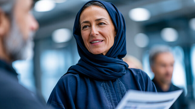A businesswoman in a structured navy abaya with subtle embroidery presents confidently to colleagues in bright modern boardroom, boardroom setting, glass conference table, navy aba
