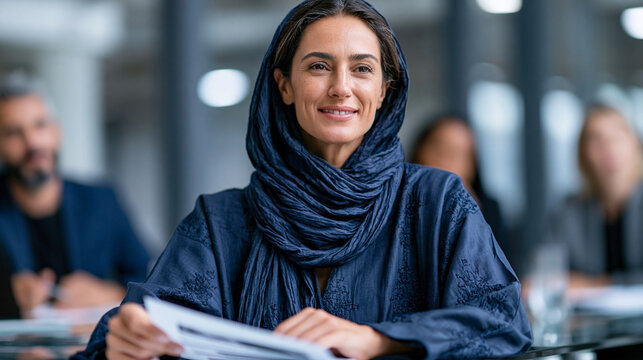 A businesswoman in a structured navy abaya with subtle embroidery presents confidently to colleagues in bright modern boardroom, boardroom setting, glass conference table, navy aba