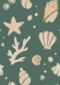 Hand Drawn Ocean Elements Seamless Pattern in Retro Coastal Style