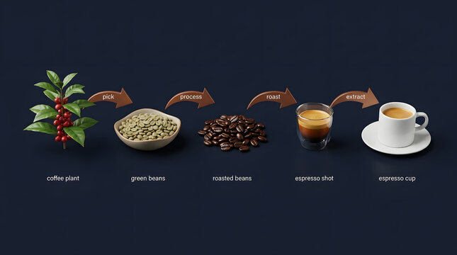 Coffee production workflow infographic showing the journey from raw plant to roasted beans and finally brewed espresso shot in a minimalist dark blue studio setting